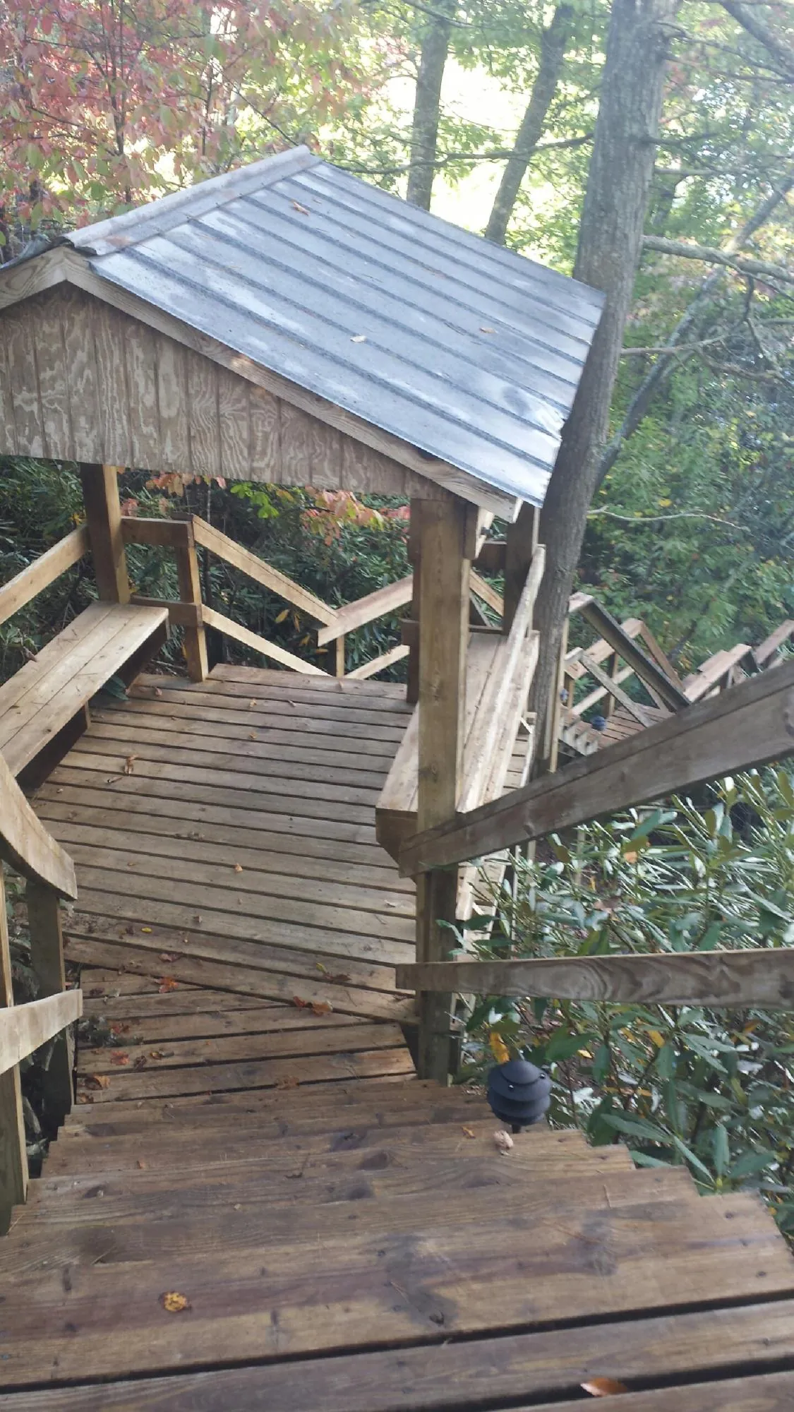 Metal roofed shelter over wooden steps on a wooded walkway — Skylight Repair & Installation work by our crew in Thousand Palms